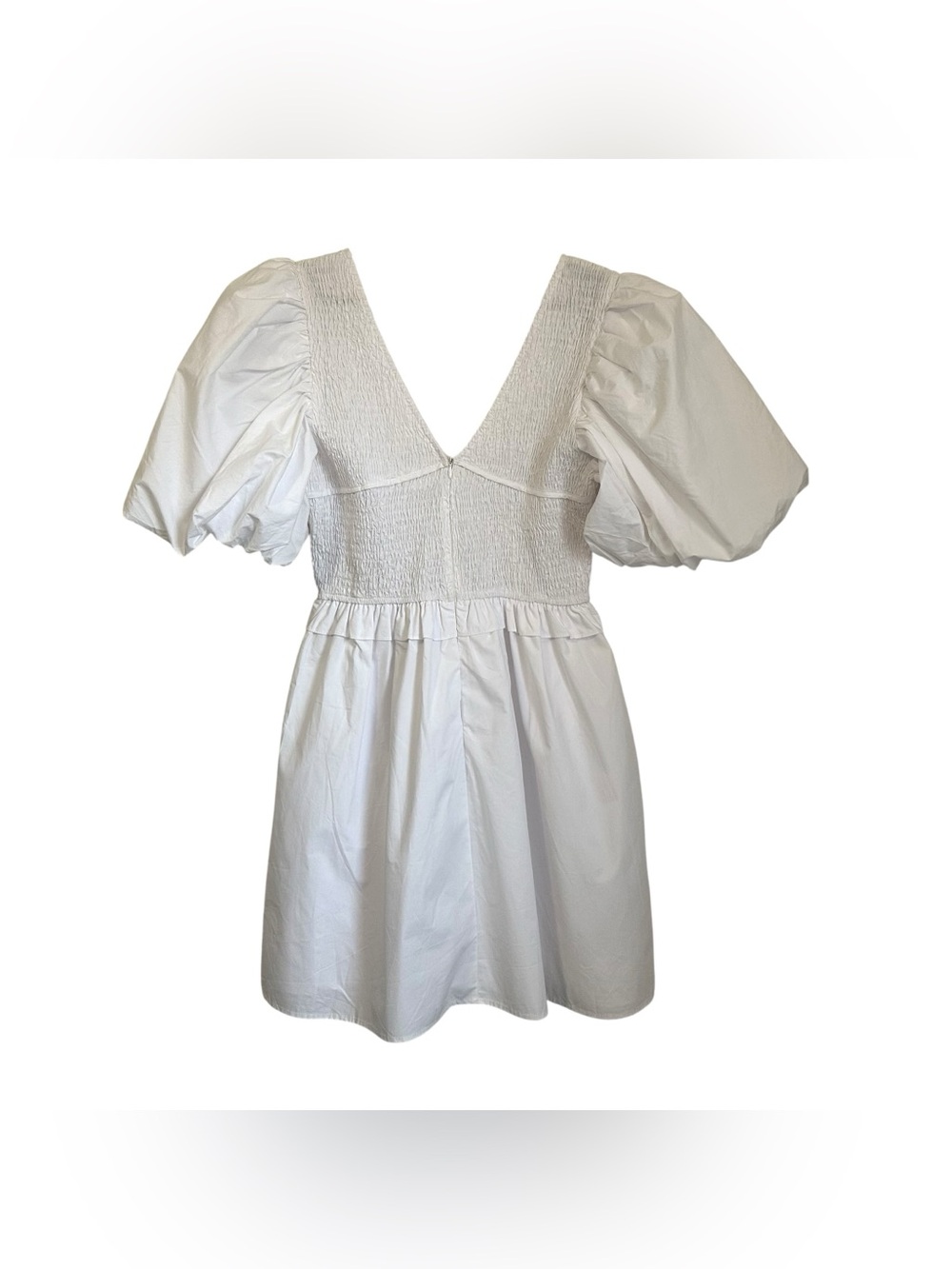 AUREUM Womens Smocked Puff Sleeve Mini Dress Sz Medium White Lined V Neck - Picture 10 of 10